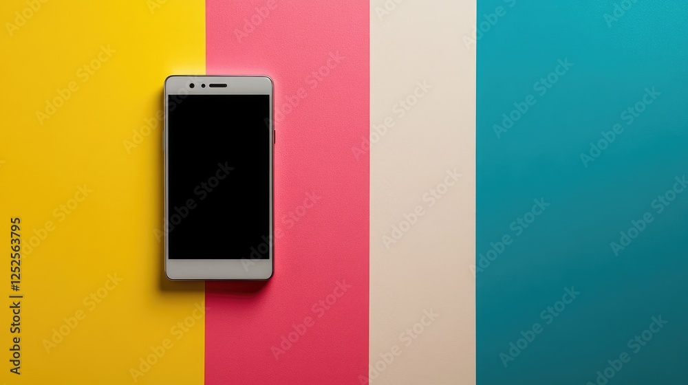 Poster a beautiful smartphone with a clean design, set against a dynamic multicolor background, offering a 