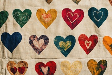 Assorted heart pattern printed on beige fabric background