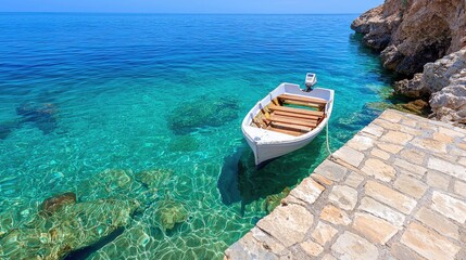 Small white boat moored at clear coastal jetty