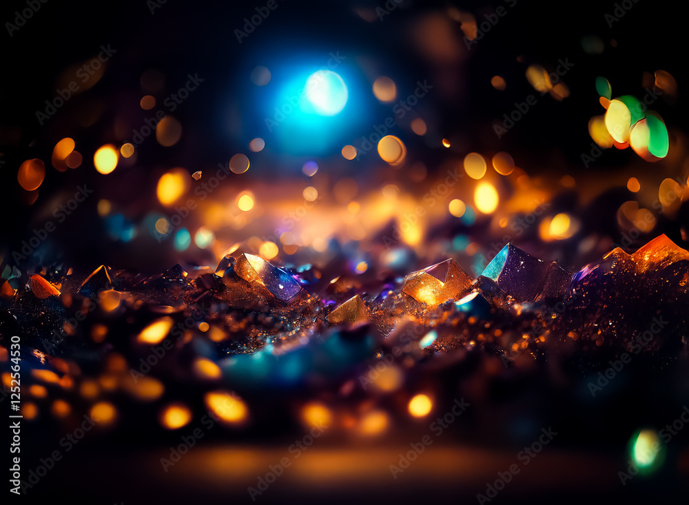 Sticker abstract image with bokeh lights in orange, yellow, and blue creating a magical effect over dark tex
