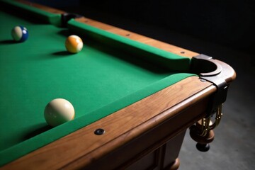 A Classic Billiards Table Scene with Balls Strategically Positioned on the Green Felt