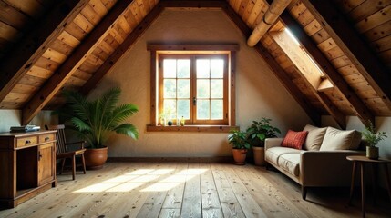 Serene Attic Retreat with Sunlight Streaming Through a Large Window, Wooden Beams, and Comfortable Seating
