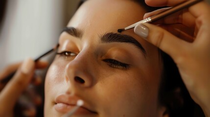 A woman receives a brow lamination treatment at a salon.