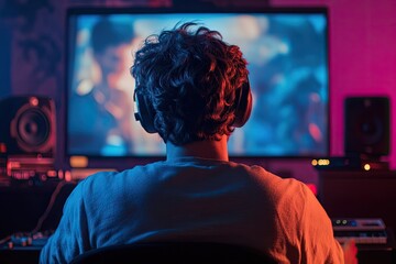 portrait of film composer working on movie soundtrack cinematic visuals playing on screen deep immersion in musical