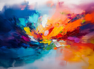 Vibrant abstract artwork featuring dynamic brushstrokes and a bold color palette. An energetic and expressive composition creates a sense of movement and visual depth.