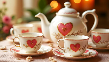 Fototapeta premium A decorative tea set features a teapot and matching cups, all embellished with pink heart designs. The setting is warm and inviting, enhanced by soft lighting and delicate floral accents.