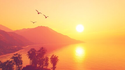 Sunset coastal view, birds in flight, tropical island, vibrant orange sky