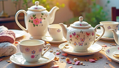 Fototapeta premium A beautiful tea set with a teapot and matching cups showcases delicate floral patterns. The table is adorned with petals and warm sunlight, creating a cozy atmosphere.