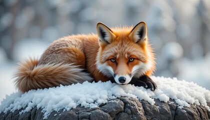 Obraz premium A close-up of a vibrant red fox resting on a snowy rock, its fur detailed with individual strands, its eyes sharp and alert, surrounded by a frost-covered landscape. 
