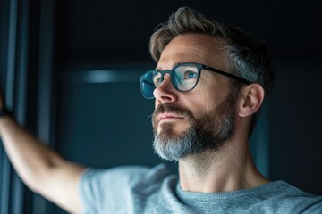 portrait of tech expert hosting live q&a session gesturing towards screen focused expression sleek and modern background