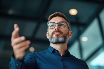 portrait of tech expert hosting live q&a session gesturing towards screen focused expression sleek and modern background