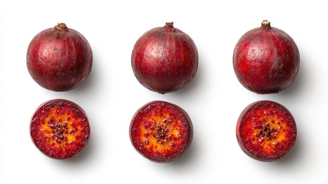Whole And Sliced Red Fruit Displayed On White Surface Highlighting Texture And Vibrancy