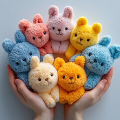 Seven Cute Smiley Stuffed Bunnies Gathered in a pair of Hands