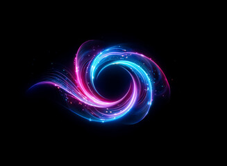 Abstract swirling light trails in pink and blue hues create a dynamic and energetic design against a stark black backdrop.  Sparkling particles add a touch of magic to the vibrant, flowing form.