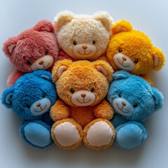 Six Cute Smiley Teddy Bears Piled Together on a Clear Background  