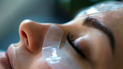 Fototapeta premium Close up of a woman's eye and nose, with a clear under eye patch.