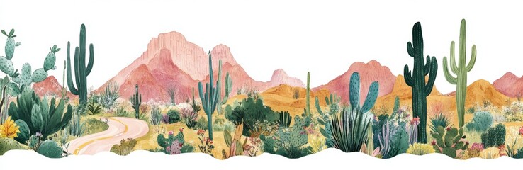 Desert landscape panorama; winding road, cacti, mountains; wall art