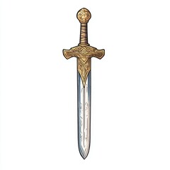 A detailed illustration of a decorative sword with a golden hilt, intricate designs, and a gleaming blade, embodying a sense of fantasy and craftsmanship. Isolated on white background