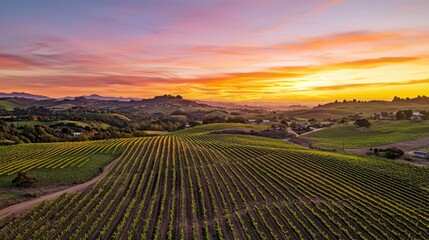Rolling hills and a colorful sunset over a farm landscape.