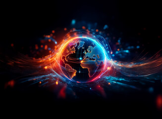 Abstract globe with vibrant orange and blue energy lines swirling around it on a dark background, creating a dynamic and futuristic digital design.