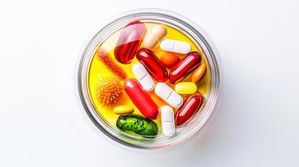 Assorted Colorful Pills And Capsules In Glass Bowl