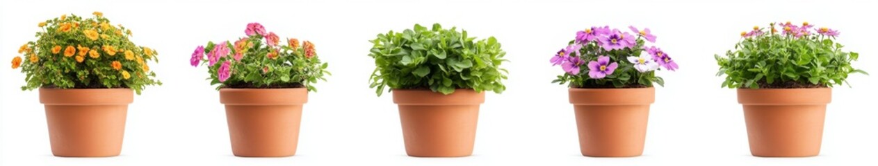 Five potted plants, flowers, herbs, white background, website banner