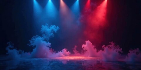 Naklejka premium Evocative Stage Setting with Blue and Red Lighting and Swirling Smoke on a Reflective Floor