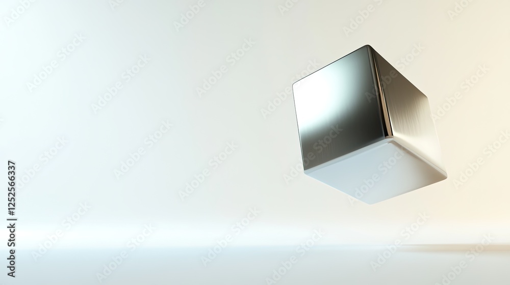 Poster sleek 3d-rendered metallic cube with smooth beveled edges floating in empty white space soft ambient