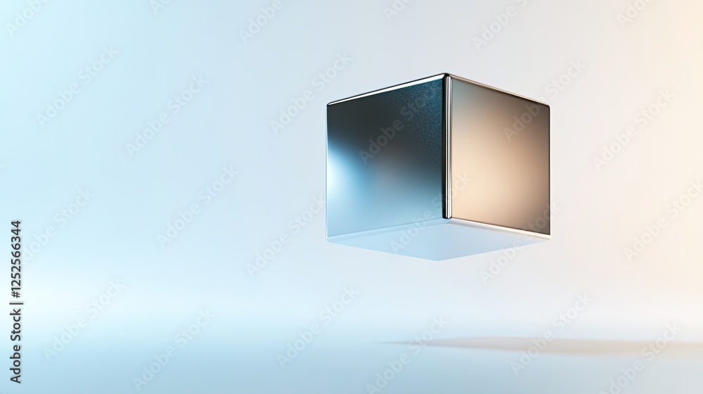 Poster sleek 3d-rendered metallic cube with smooth beveled edges floating in empty white space soft ambient