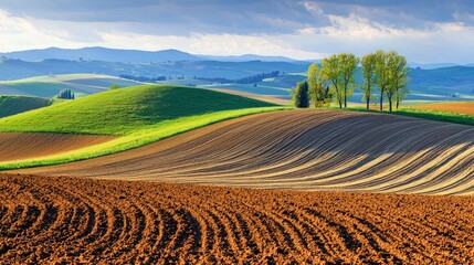 Farm field with freshly plowed soil and distant trees.