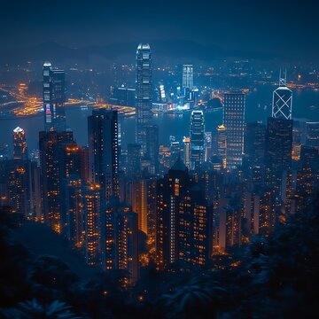 Fototapeta Night cityscape, skyscrapers, city lights, Hong Kong.