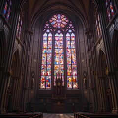 Un majestuoso vitral en una gran catedral, que muestra un intrincado diseño de corazones coloridos que brillan cuando la luz del sol se filtra.