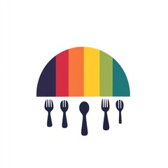 Colorful cutlery graphic design; rainbow themed eating utensil logo; potential restaurant or cafeteria