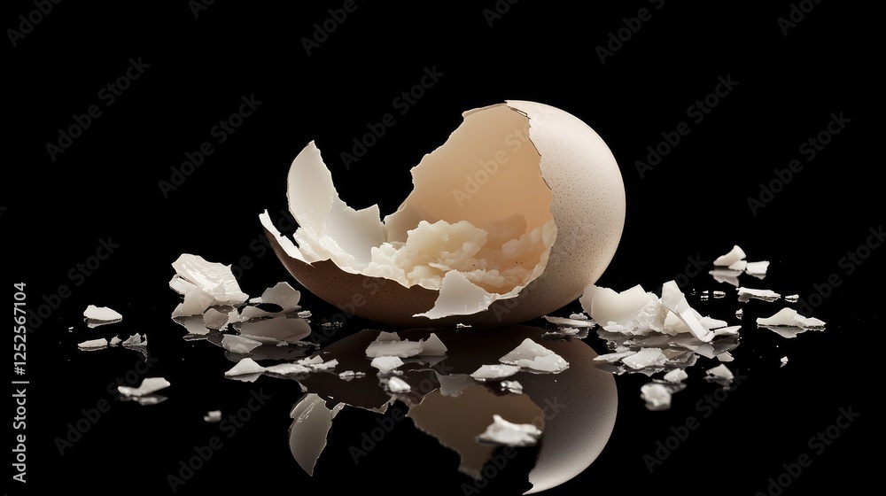 Poster A broken eggshell with soft, creamy white interior visible, surrounded by tiny shards, symbolizing fragility and freshness in a simple and clean composition