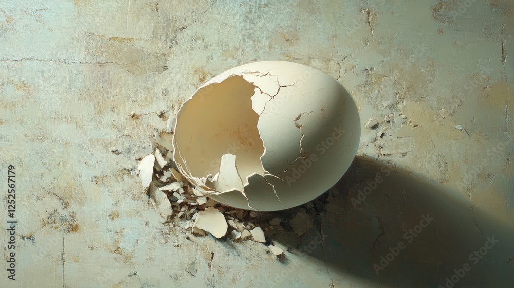 Poster A broken eggshell with soft, creamy white interior visible, surrounded by tiny shards, symbolizing fragility and freshness in a simple and clean composition