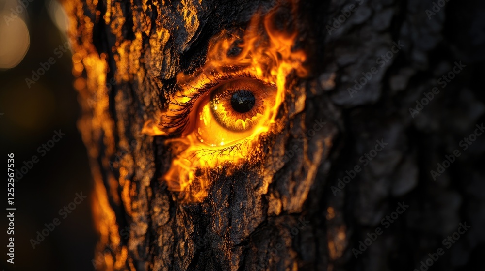 Poster a captivating image of a tree bark with an eye reflection, mirroring the fierce flames of a forest f
