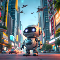 Cute robot character made in 3D, round body, sparkling eyes, background is future city.