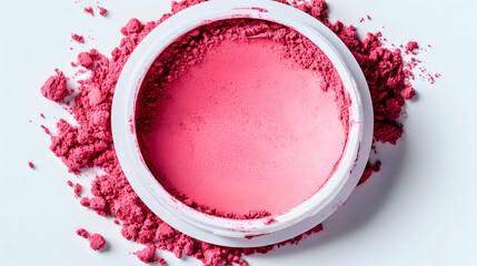 Pink blush powder makeup container, spilled on white background. Beauty product shot for website
