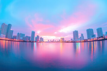 Obraz premium breathtaking fisheye photograph capturing unusual perspective of vibrant city skyline with ample copy space for text