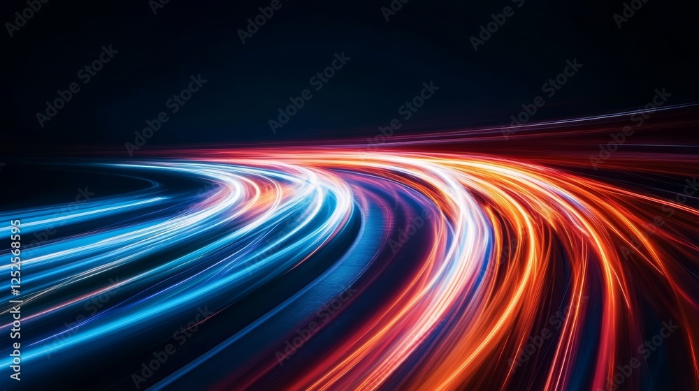 Poster dynamic light trails on a dark road, abstract motion concept