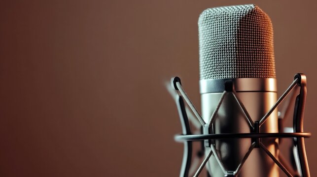 close-up of professional condenser microphone in softly lit studio minimalist setting details with copy space