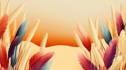 A vibrant abstract background featuring colorful feathers against a warm gradient sunset, creating a serene and artistic atmosphere.