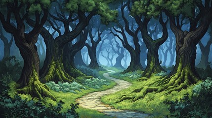 Fototapeta premium Enchanted Forest Path: A Digital Painting of a Mystical Woodland AI Generated
