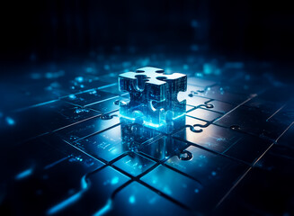 Illuminated puzzle piece rests atop a digital circuit board emitting blue light. Symbolizes technological connections, solutions, and integration in the cyber world.