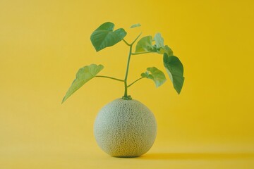 Cantaloupe serves as a vase for green plant sprig
