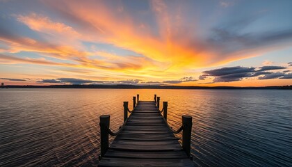 Fototapeta premium Sunset Over the lake and wooden old pier,