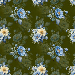 dark green Sade background with colorful flower bunches for allover textile design