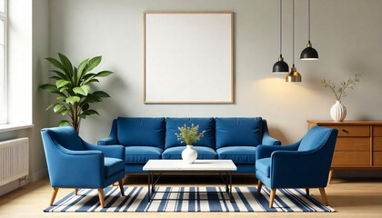Fototapeta premium Elegant Living Room Interior with Blue Velvet Furniture and Blank Frame