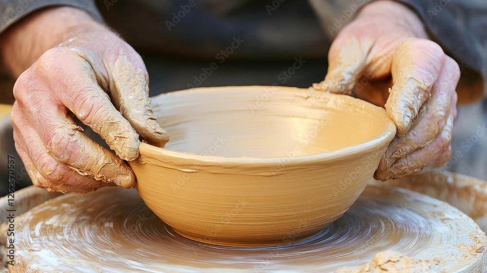 Poster a close-up of a clay bowl being shaped on a spinning wheel by a potter hands, showing the smooth tex