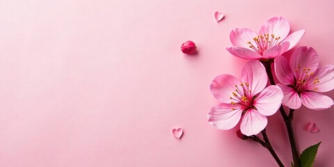 Fototapeta premium Delicate Pink Blossoms and Hearts on a Soft Pink Background A Serene Floral Image Perfect for Springtime Celebrations and Romantic Designs